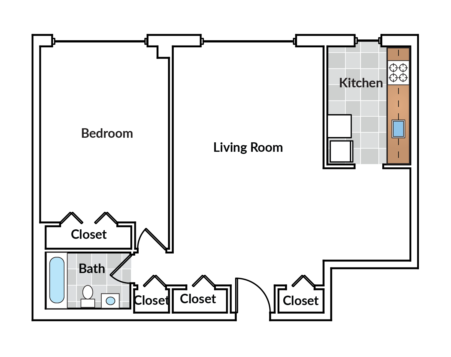 Floor plan for 1 bed, 1 bath, 860 sqft
